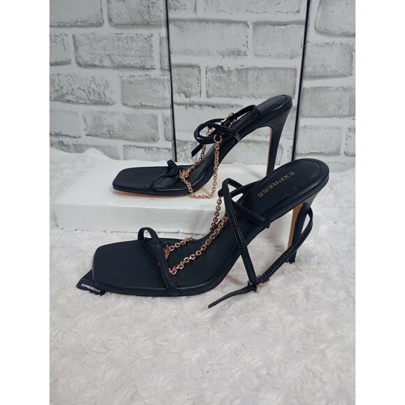 Express Black Gold Chain Strap High Heeled Stiletto Sandals 8 - Picture 3 of 7